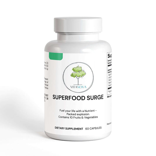 Superfood Surge supplement bottle promoting digestive health and antioxidant wellness with a blend of natural ingredients.