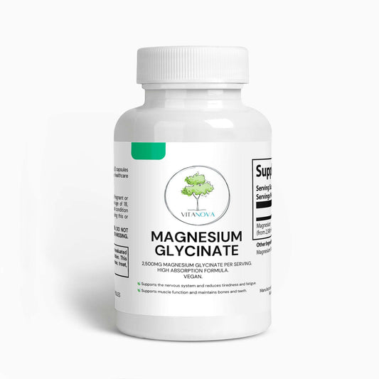 Magnesium Glycinate supplement bottle for high bioavailability, stress relief, and improved sleep quality.