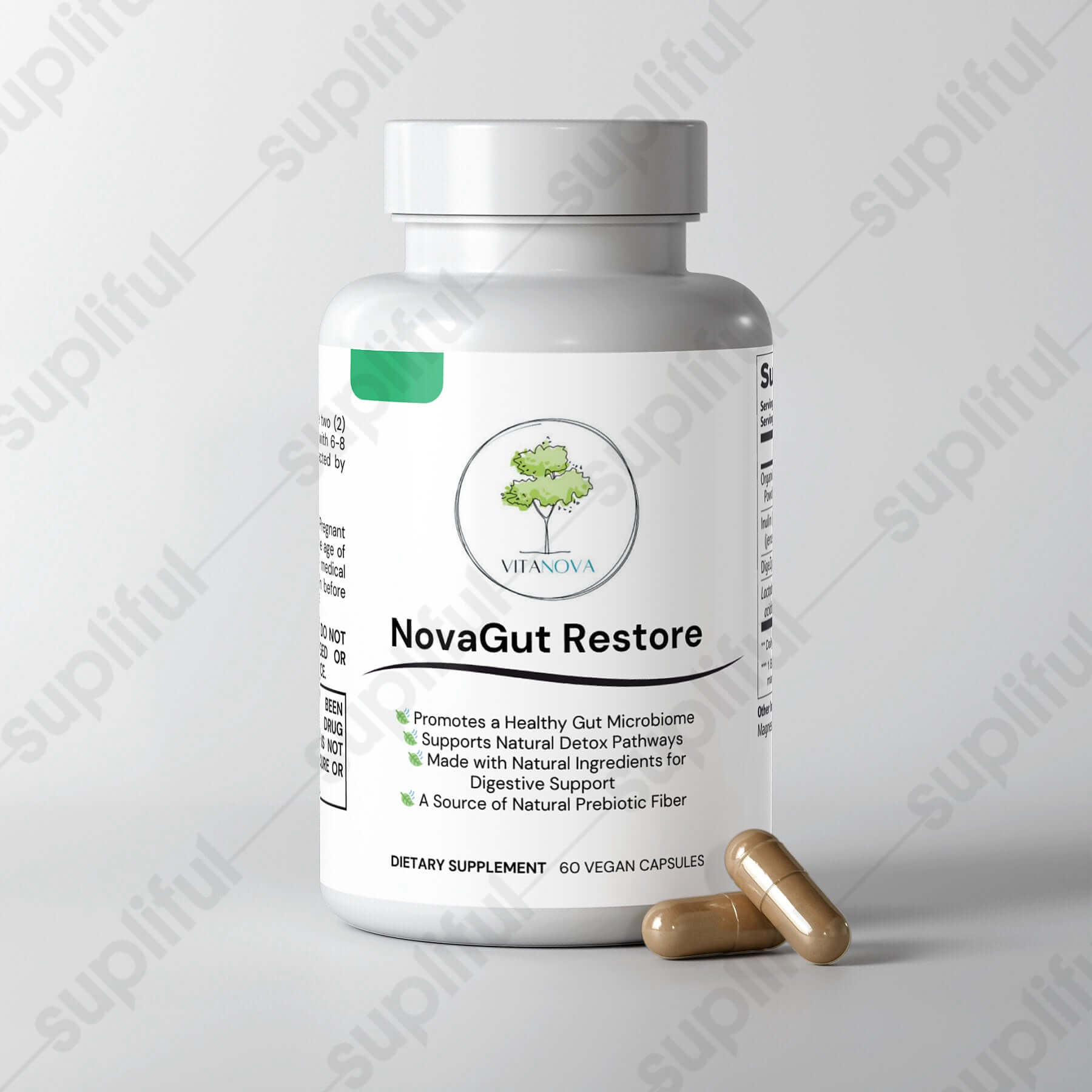 NovaGut Restore bottle for gut health with probiotics and prebiotic fiber, enhancing digestive wellness and balance.