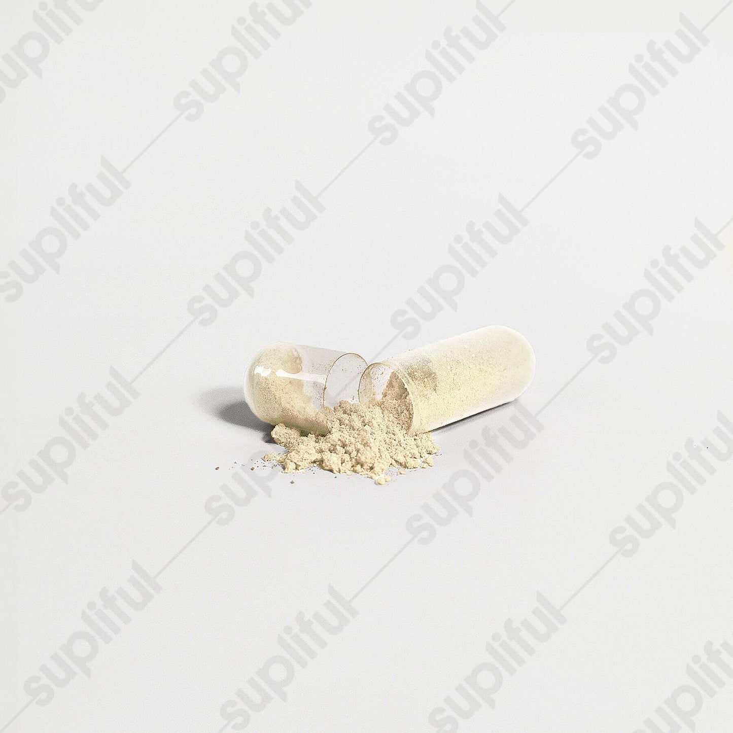 Open dietary supplement capsule with powder spilling out for gut health support.