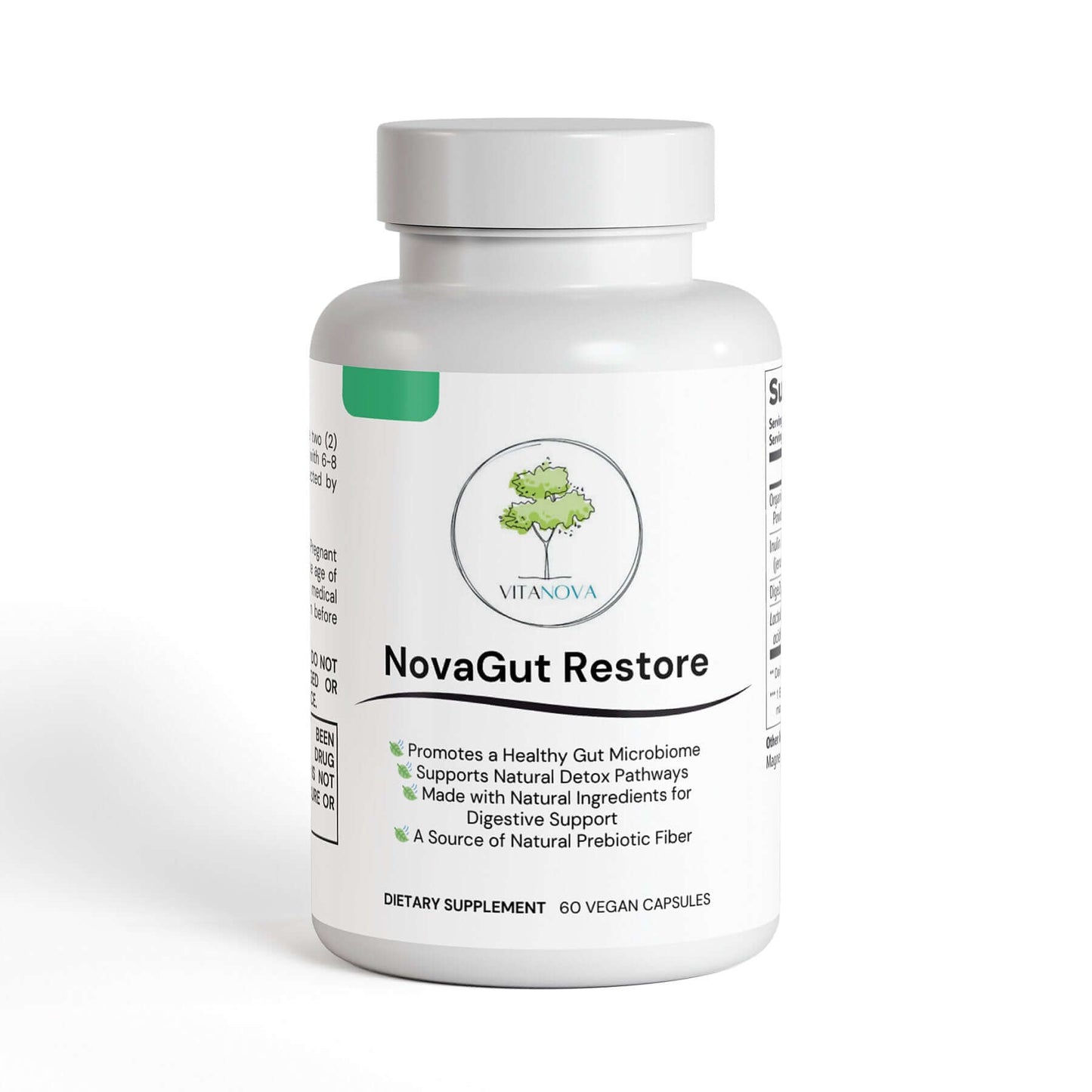 NovaGut Restore dietary supplement bottle for gut health and digestive support, featuring probiotics and prebiotics.