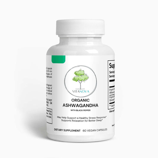 Organic Ashwagandha supplement bottle with black pepper, supports stress relief and relaxation, 60 vegan capsules.