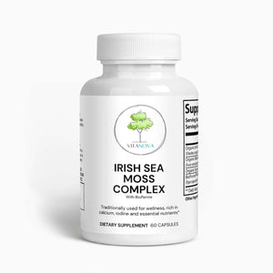 Organic Irish Sea Moss Complex dietary supplement in a white bottle with 60 capsules for immune support and wellness.